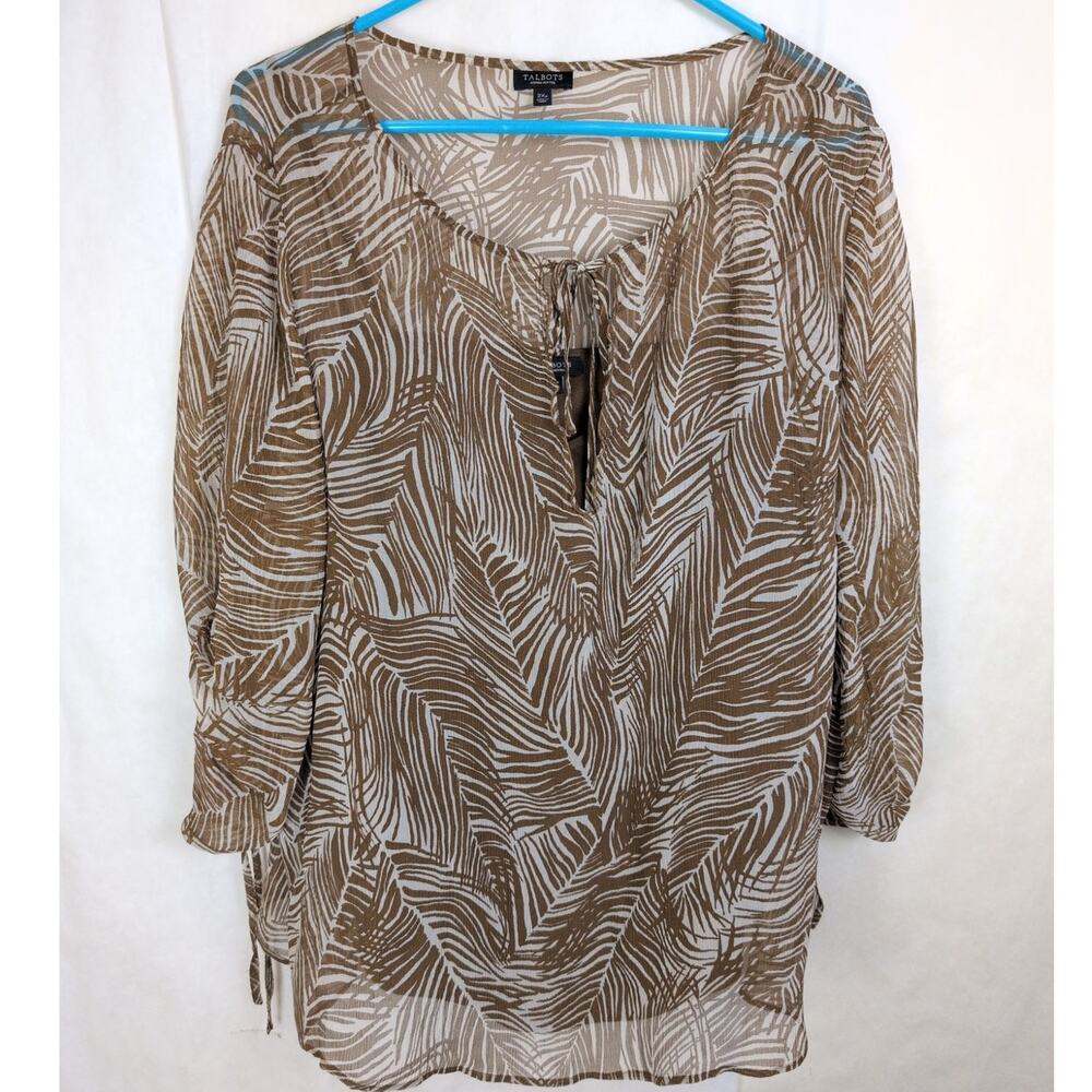 Talbots Petites silk sheer top Size 2X Tropical Brown Beachy Resort Vacation
